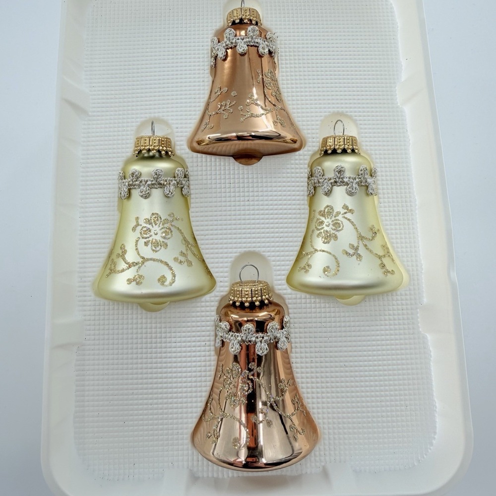 Vintage Glass Ornament Bells Christmas by Krebs '00s Pink Gold Glitter Set of 4 - Picture 2 of 7